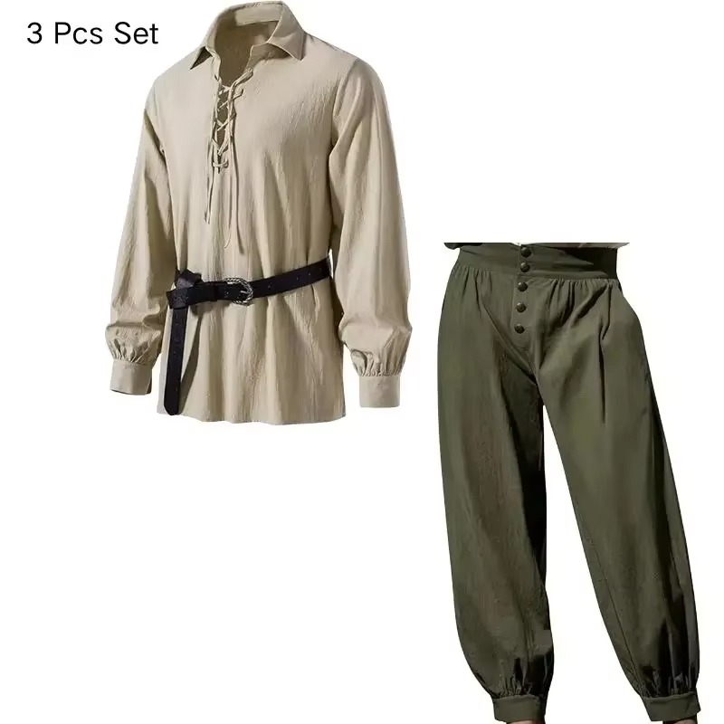 Men Medieval Viking Pirate 3 P - Medieval Gothic Lace Up Pirate Shirt ulasan dan harga